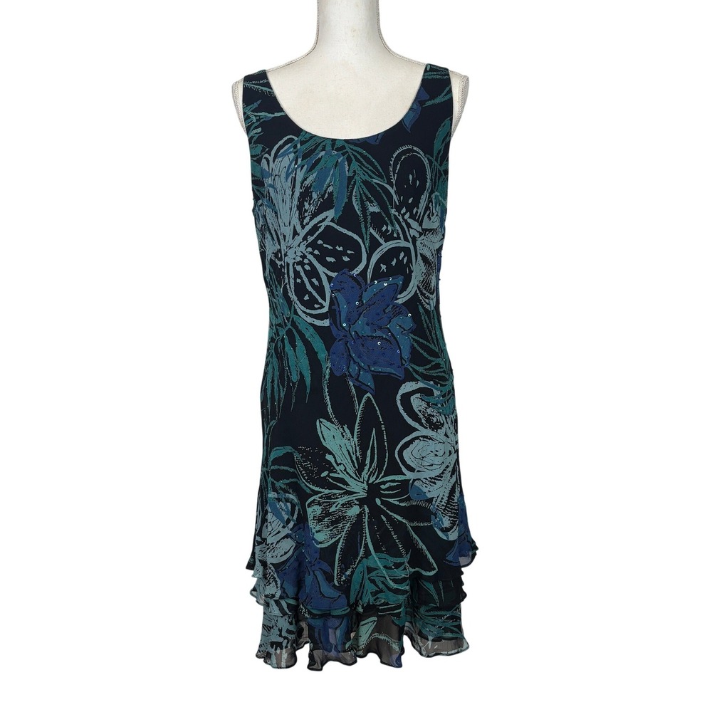 Vintage Eva Blue Floral Dress Women 14 Blue Sequin Tiered Ruffle Sleeveless Midi